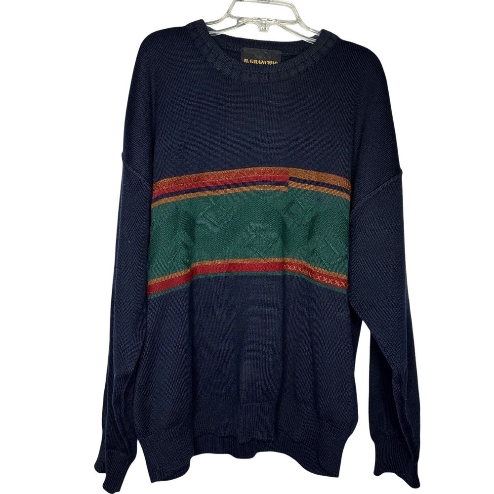 Vintage‎ Italian Wool Geometric Knit Sweater Navy Blue Crewneck Long Sleeve